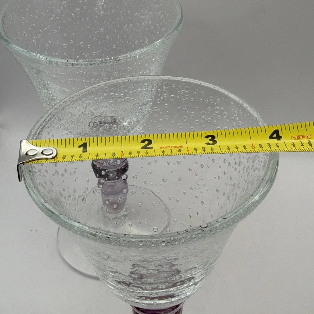 2 Wine Goblets Pottery Barn Hand Blown Bubble Glass Pink Iridescent 7.25